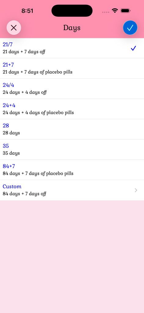 Birth Control Pill Reminder - Interface of the Birth Control Pill Reminder app showing various cycle options like 21/7, 24/4, and 28 days.