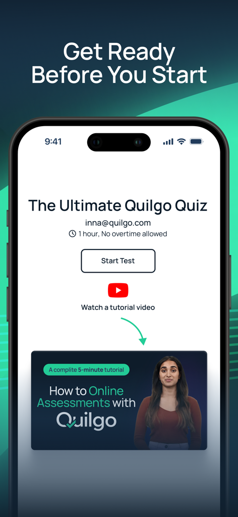 Quilgo - Quilgo mobile app interface showing a test preparation screen with a Start Test button and a tutorial video link.