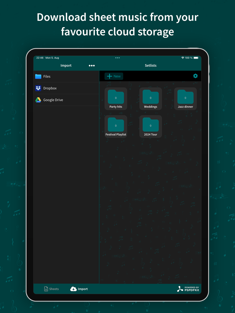 App Leadsheet per iPad che mostra cartelle di scalette e opzioni di importazione da cloud storage