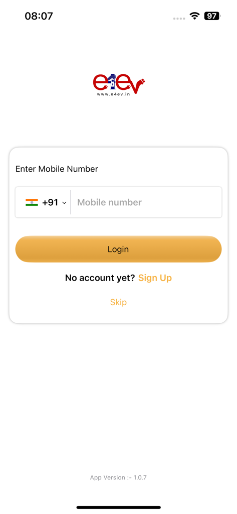 E4EV App Anmeldebildschirm mit Eingabe der Mobiltelefonnummer
