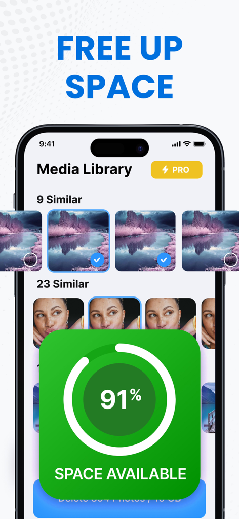 Cleanup Master Storage Cleaner - Interfaz de la aplicación Cleanup Master que muestra la capacidad de almacenamiento y la función de clasificación de fotos duplicadas