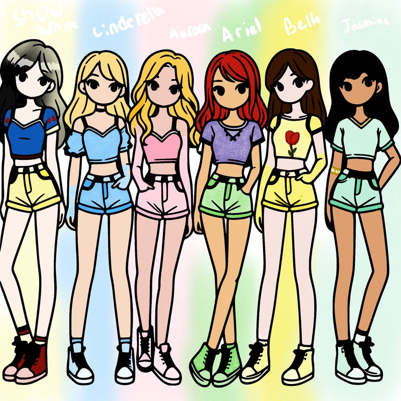 a group of girls wearing crop tops and shorts