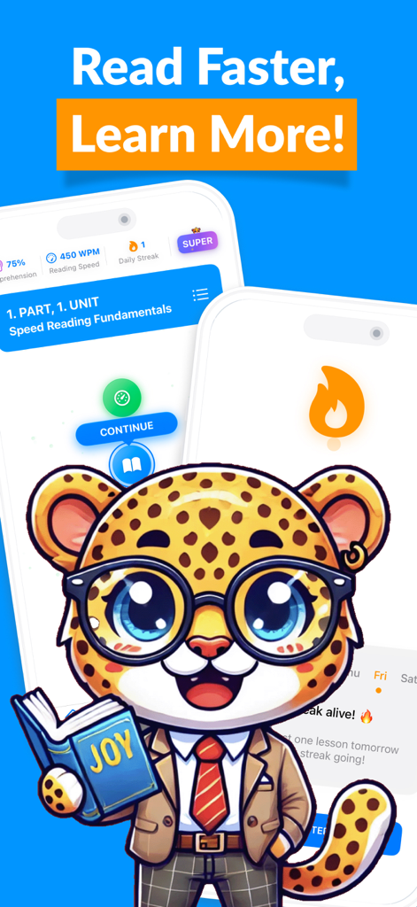 Speed Readingo: Read Faster - Speed Readingo app interface featuring a smart cheetah character and reading speed statistics.