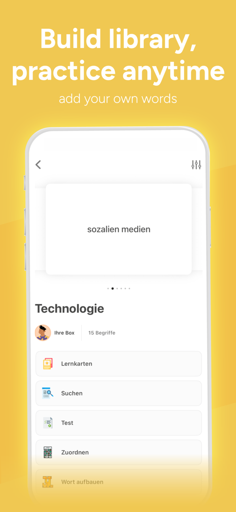 Vocabulary Builder Learn words - Pantalla de la aplicación que muestra la biblioteca de tarjetas y los modos de práctica para construir vocabulario