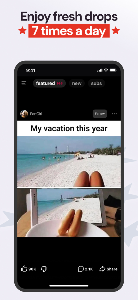 ABPV app screen showing a humorous vacation meme and a banner for daily fresh content updates