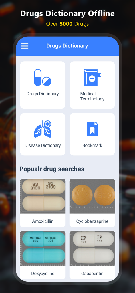 Drugs Dictionary - Offline - Main screen of the Drugs Dictionary Offline mobile app featuring medical terminology and popular drug searches with pill images