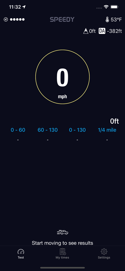 Speedy - Speedometer - The Speedy app dashboard showing a digital speedometer and car performance metrics for 0 to 60 and 1/4 mile tests