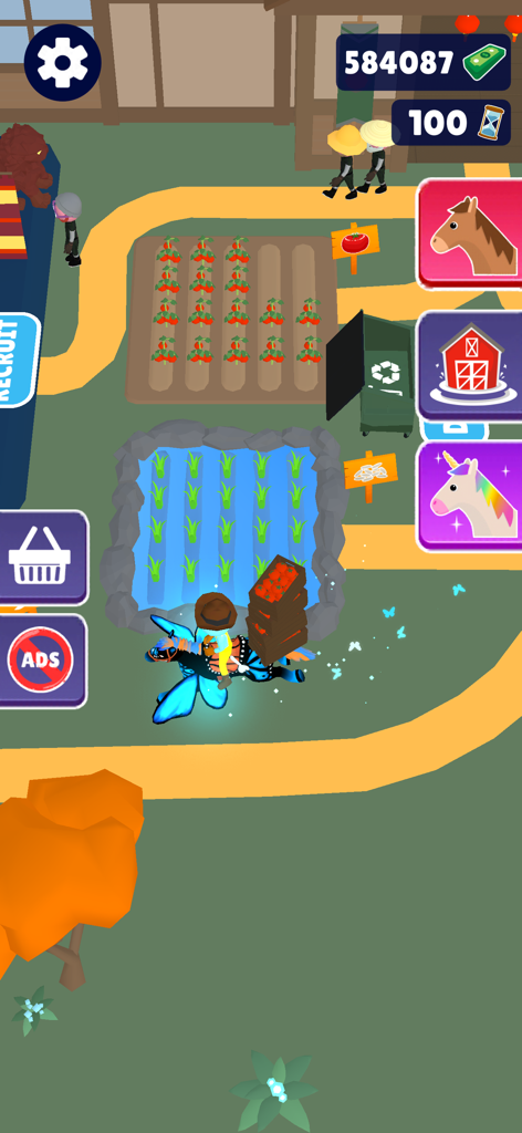 Horse Life - Horse Lifeの農場の牧場で、収穫したトマトを運びながら、青い翼のある馬に乗っているプレイヤーキャラクター。