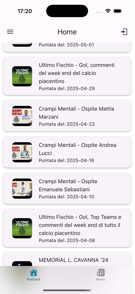 Una lista de episodios de podcasts deportivos disponibles en la pantalla de inicio de la aplicación PlayGo