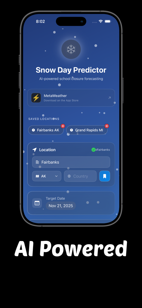 Snowday AI: School Closings - Snowday AI mobile app interface for predicting school closings with AI