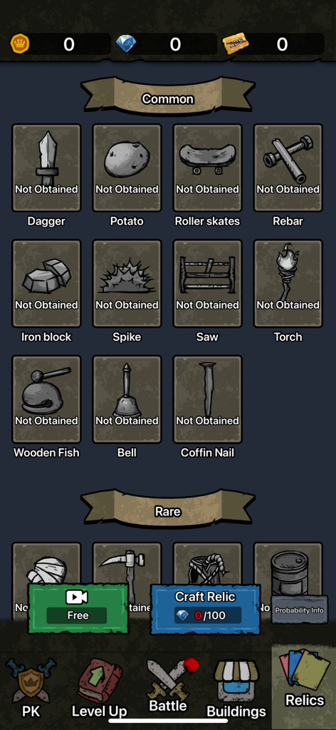 Wood Siege - Wood Siegeのゲーム画面。ダガーやトーチなどのアイテムがクラフト可能として表示されている遺物のインベントリが表示されている。