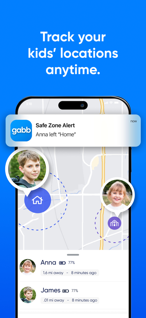 MyGabb - 地図上に子供の位置が表示され、安全地帯アラート通知が表示されるMyGabbアプリのインターフェース。
