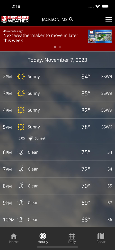First Alert Weather - Hourly weather forecast for Jackson Mississippi in the WLBT First Alert Weather app showing sunny and clear sky conditions