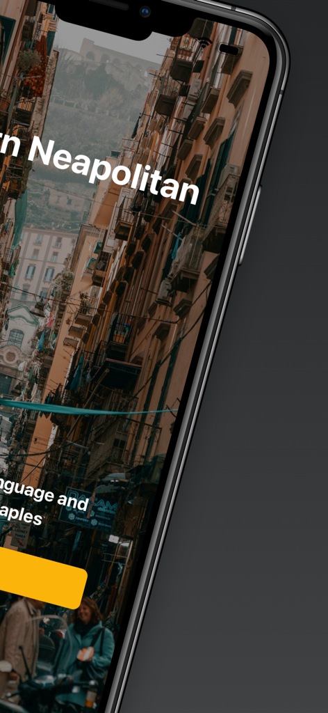 Learn Neapolitan app intro screen with a Naples street background