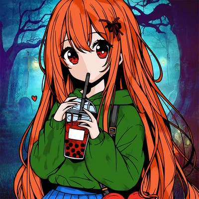 animae girl with long hair and holding boba tea