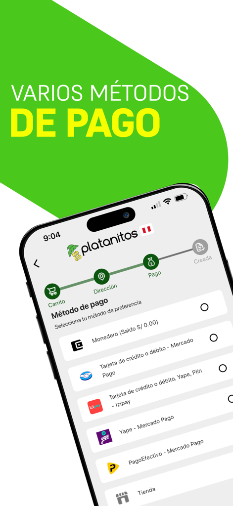 Platanitos - Platanitos app screen showing various payment method options during checkout