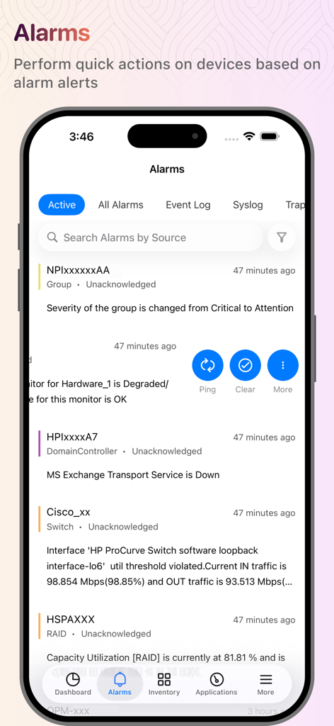 Schermata Allarmi dell'app mobile OpManager che mostra gli avvisi di rete attivi e lo stato dei dispositivi.