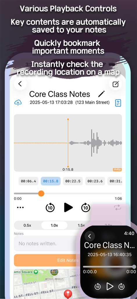 EZRecorder: One-Tap Recording - Interfaz de la aplicación EZRecorder en iPhone y Apple Watch que muestra la reproducción de audio con controles de velocidad de marcadores y un mapa de ubicación.