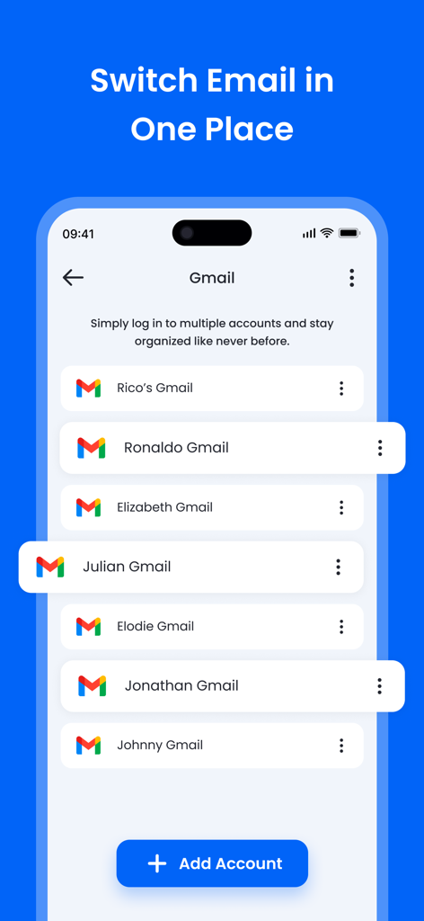 AI Writer - AI Email Assistant - Interfaz de la aplicación AI Writer que muestra una lista de múltiples cuentas de Gmail integradas para un cambio fácil