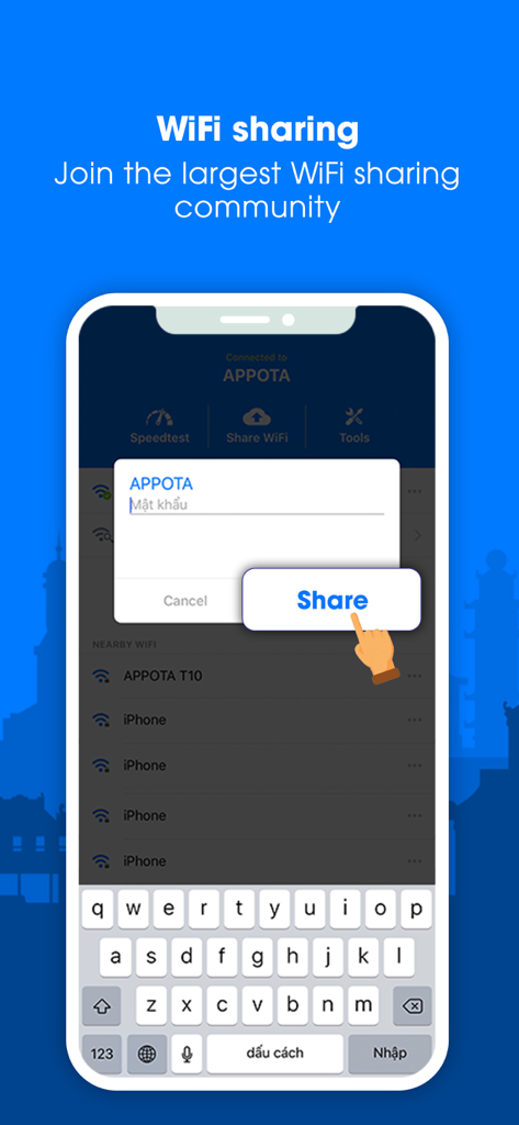 WiFi Chùa VIP - Interface of WiFi Chua VIP app showing a user sharing a WiFi password with the community