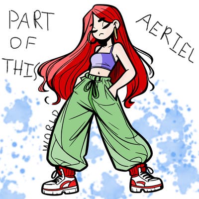 girl in baggy pants crop top and long hair