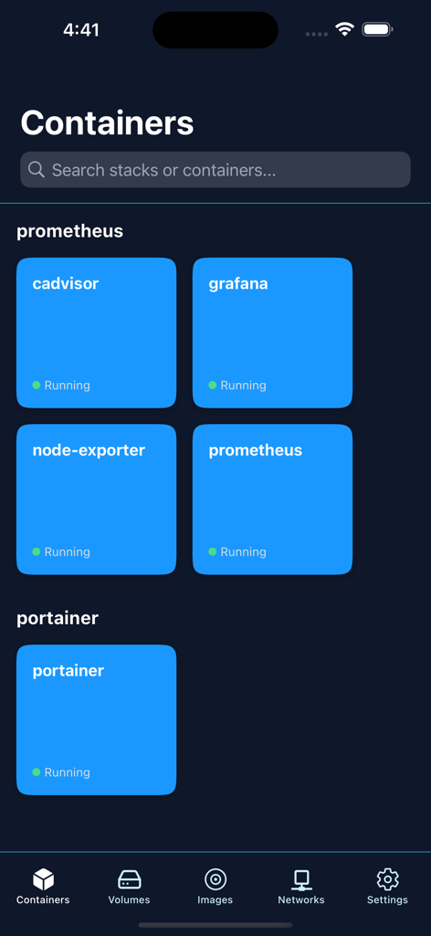 Dashboard view of running Docker containers in the Pourtainer app