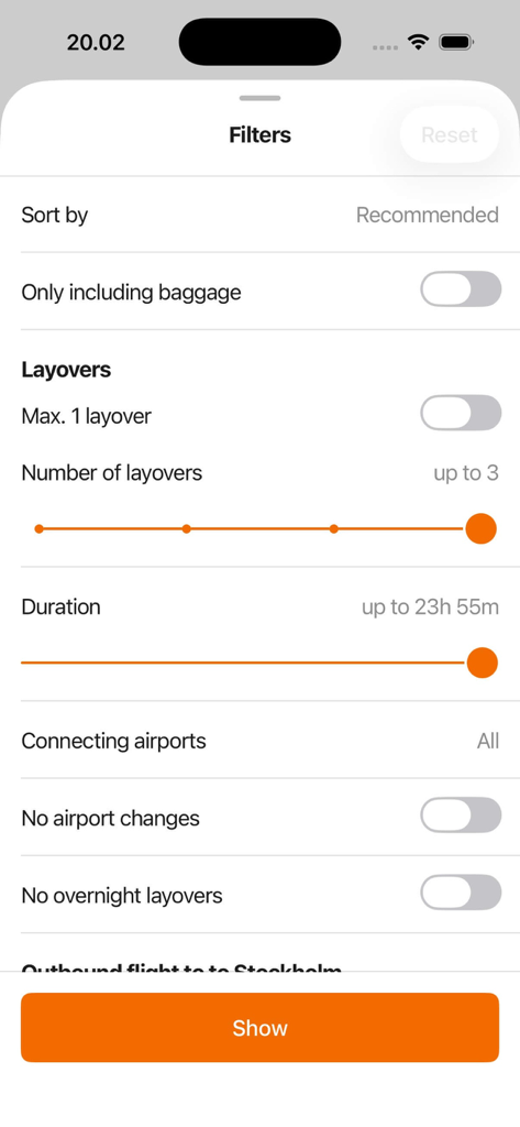 乗り継ぎと手荷物オプションのあるフライト検索フィルター画面