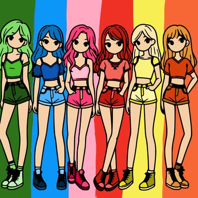 a group of girls wearing crop tops and shorts