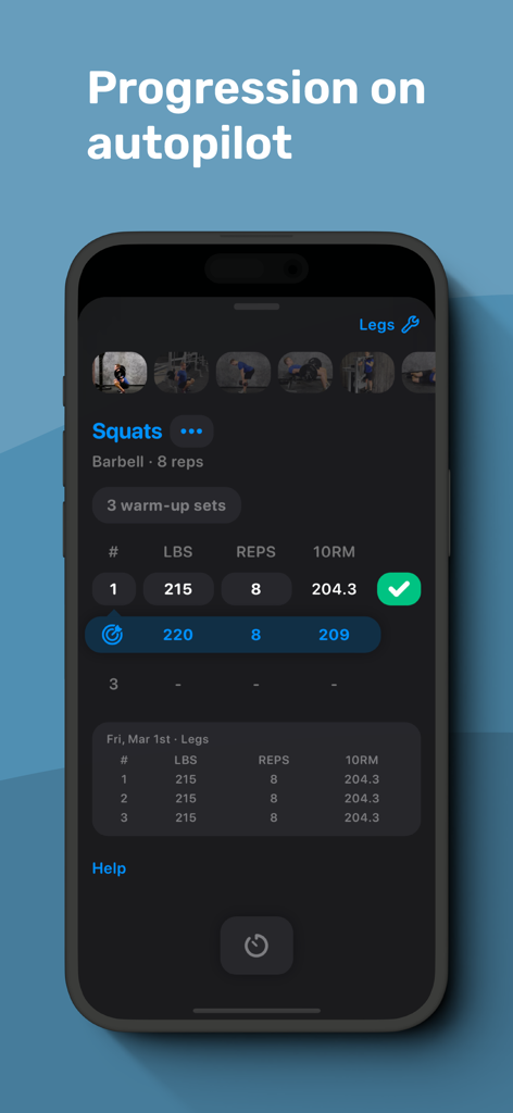 Alpha Progression mobile app interface showing a squat workout log with automated weight and rep recommendations
