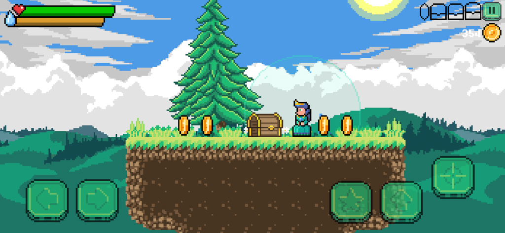Magic Forest : 2D Platformer - Jogabilidade 2D em pixel art de Magic Forest mostrando um personagem mago coletando moedas e um baú de tesouro
