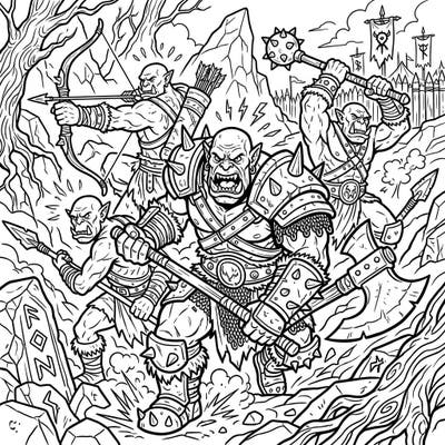 Dive into a thrilling fantasy world with this action-packed orc battle coloring page designed for teens. Bring these formidable warriors and their epic conflict to life with your own vibrant colors.