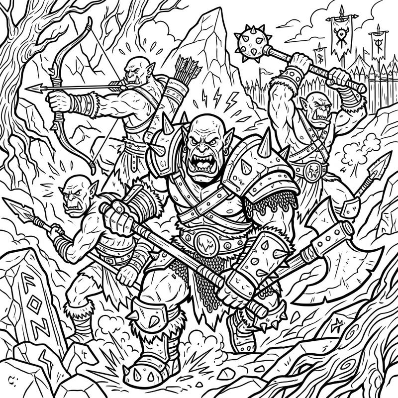 Dive into a thrilling fantasy world with this action-packed orc battle coloring page designed for teens. Bring these formidable warriors and their epic conflict to life with your own vibrant colors.
