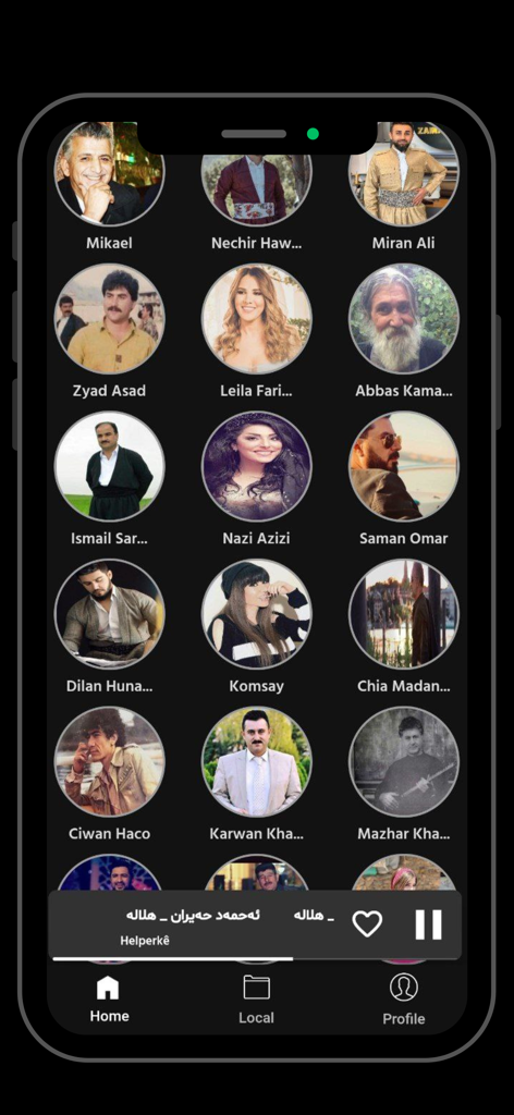 Dilan: Kurdish Music - Screenshot of the Dilan Kurdish Music app showing a grid of Kurdish artists with a music player at the bottom
