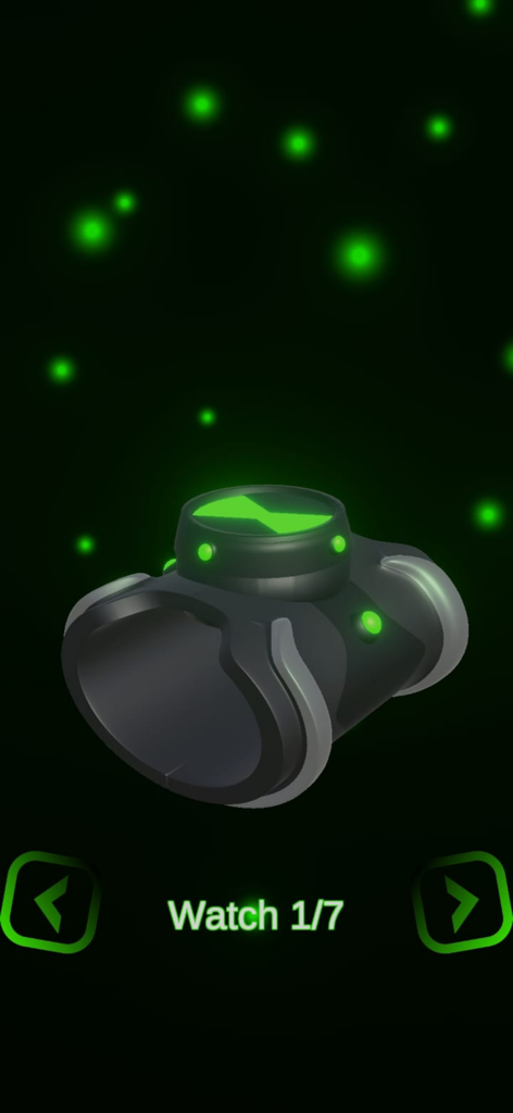 A 3D rendered black and green Omnitrix watch with glowing lights on a dark background