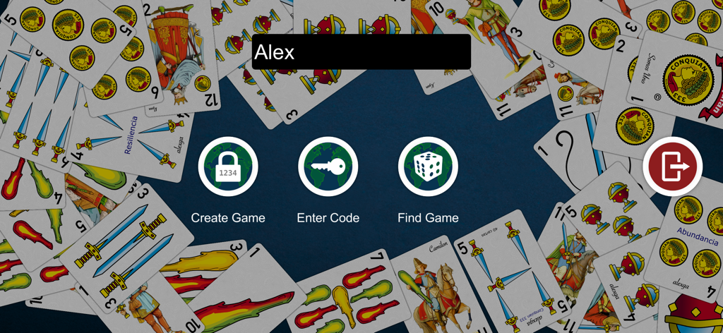 Menu screen of Conquian 333 plus with online multiplayer options over a deck of Mexican cards.
