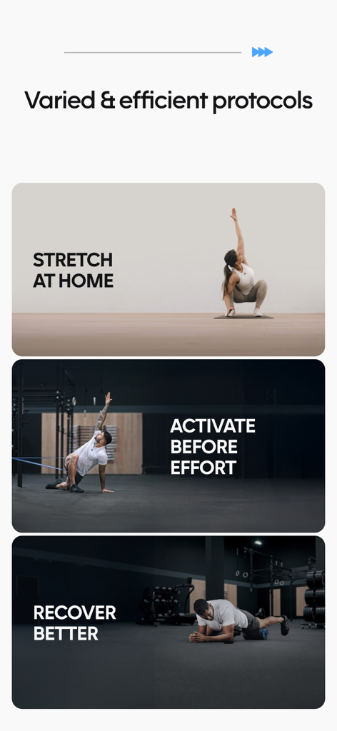 GOWOD – Mobility & Stretching - 집에서 스트레칭, 운동 전 활성화, 운동 후 회복을 위한 세 가지 운동선수 모빌리티 프로토콜 표시