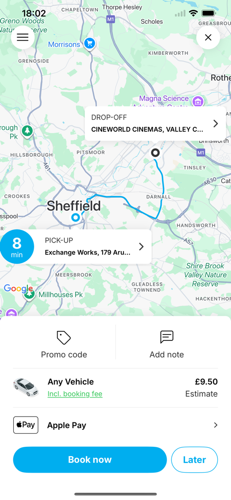 Door 2 Door Taxis mobile app showing a ride booking interface with a map of Sheffield and fare estimate