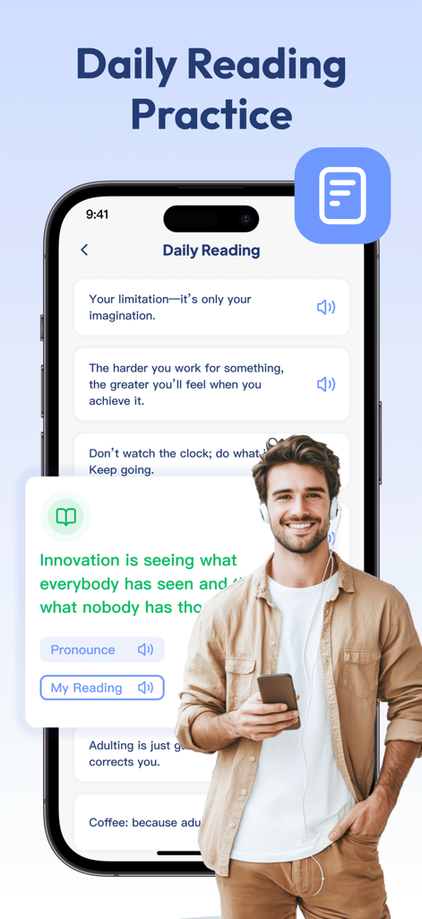 Portal Translate app showing the daily reading practice feature with pronunciation tools