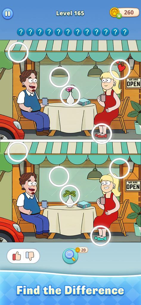 Un écran de jeu de Fun Differences montrant un puzzle de 'trouver la différence' avec un couple de dessins animés dans un café.