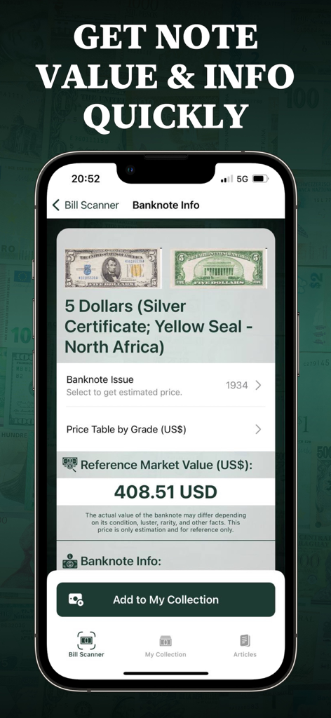 Dollar Bill Scanner - Dollar Bill Scanner app screen showing the market value and historical info for a rare 1934 five dollar silver certificate