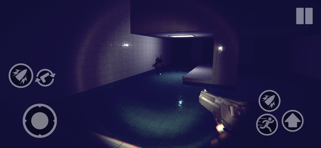 Loop Forest Grandpa in Forest - First-person gameplay of Loop Forest Grandpa in Forest showing a dark tiled room with water and a monster figure.