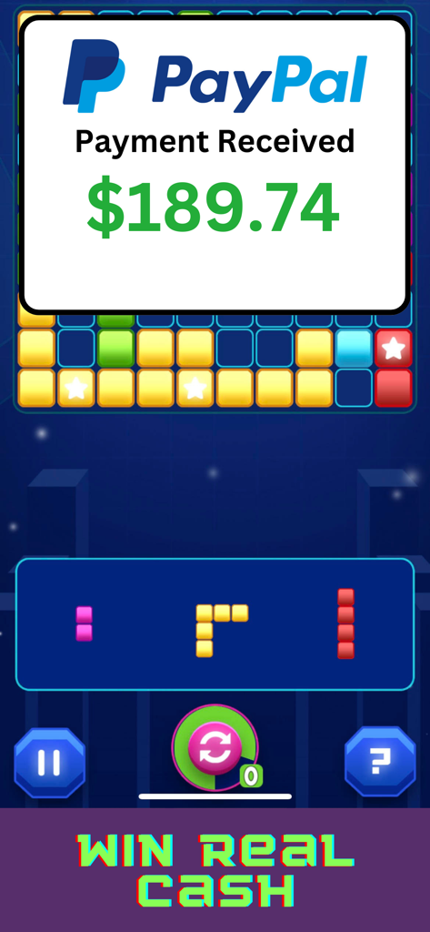 Block Puzzle Real Cash Edition - Screenshot of Block Puzzle game with a PayPal notification showing a payment of 189.74 dollars