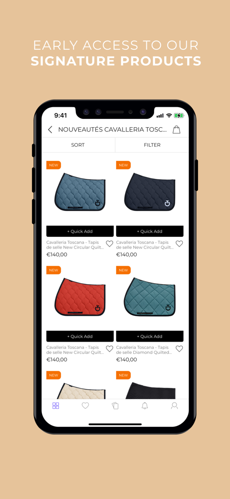 Ohlala Sellerie - L'interface de l'application mobile Ohlala Sellerie présentant une sélection de tapis de selle équestres premium Cavalleria Toscana.
