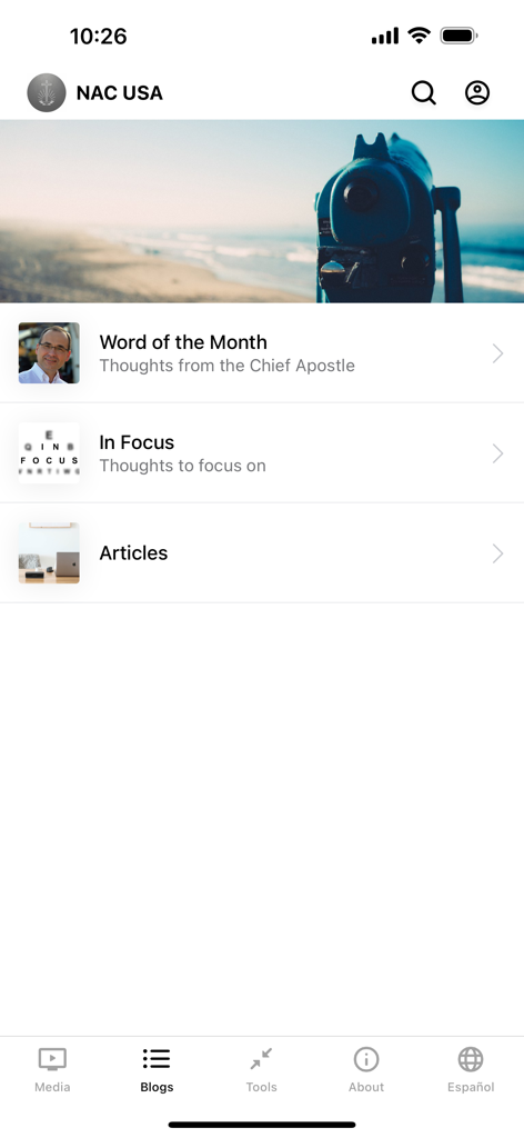 New Apostolic Church USA - Interface do aplicativo móvel da Igreja Nova Apostólica dos EUA exibindo a tela de blogs e devocionais