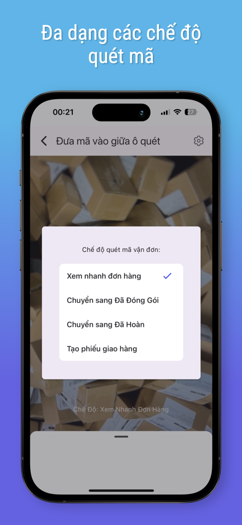 ShipXanh - ShipXanh mobile app interface showing various barcode scanning modes for e-commerce order management