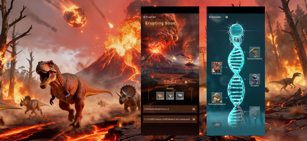 Dino Cataclysm Survivalインターフェースには、火山噴火イベントと恐竜DNA収集が表示されています。