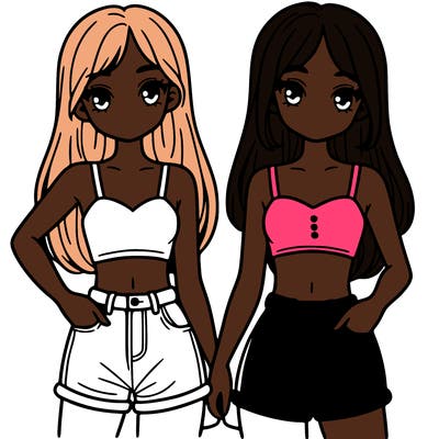 two sisters with crop tops and jean shorts and straight hair