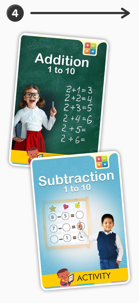 Educational app screens showing addition and subtraction math activities for children.