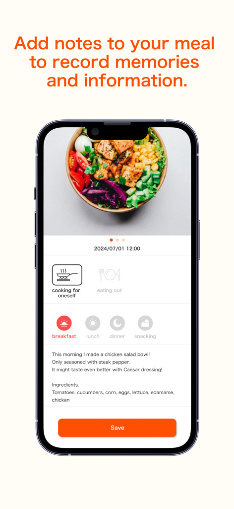 Food log app - Pantalla de aplicación móvil que muestra una entrada de comida para el desayuno con una foto de ensalada de pollo y notas personales