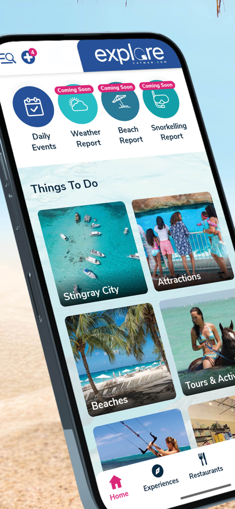 Explore Cayman - The home screen of the Explore Cayman mobile app showing categories for Stingray City attractions and beaches